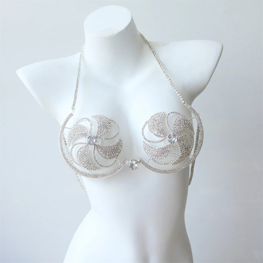 Fashion Rhinestone Bikini Bra Rotating Windmill Harness Lingerie for Women Fashion Crystal Chest Support Body Jewelry