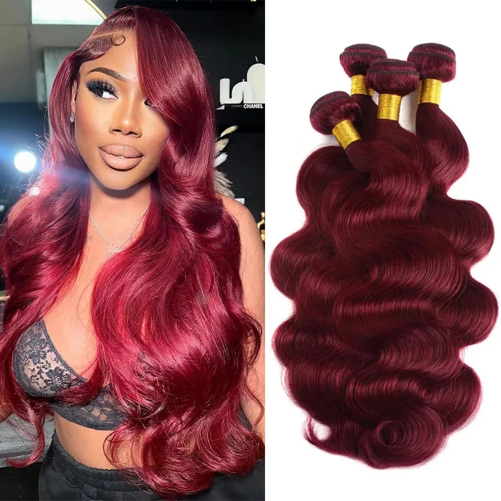 Burgundy 99J Body Wave Bundles 100% Human Hair Colored Brazilian Red 99J Hair Extensions Hair Weave 1/3 PCS 30 Inches Human Hair