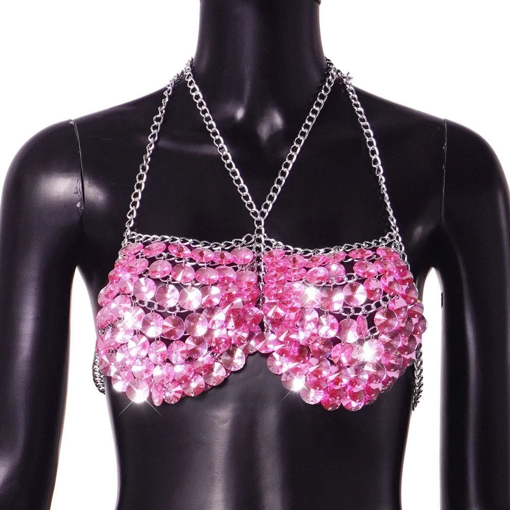 Shiny Pink Crystal Camisole Chest Bra Lingerie Chain for Women Hollow out Rhinestone Top Bikini Festival Nightclub Body Jewelry