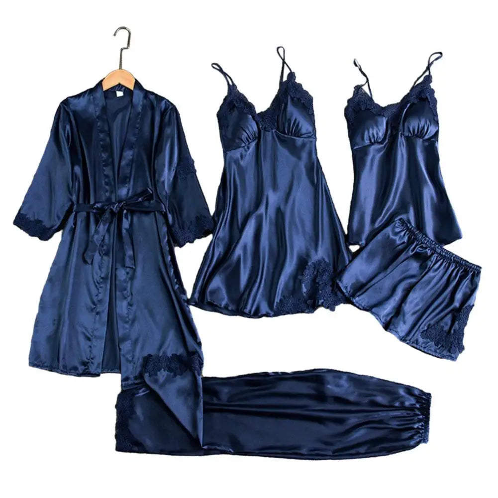 5 Pieces Pajamas Set Satin Home Pyjama Women Nightdress Lace Robe Sleep Suit Cami Vest Cardigan Trouser Sleepwear Gown Lingerie