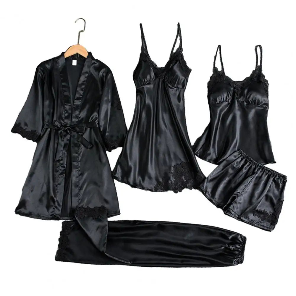 5 Pieces Pajamas Set Satin Home Pyjama Women Nightdress Lace Robe Sleep Suit Cami Vest Cardigan Trouser Sleepwear Gown Lingerie