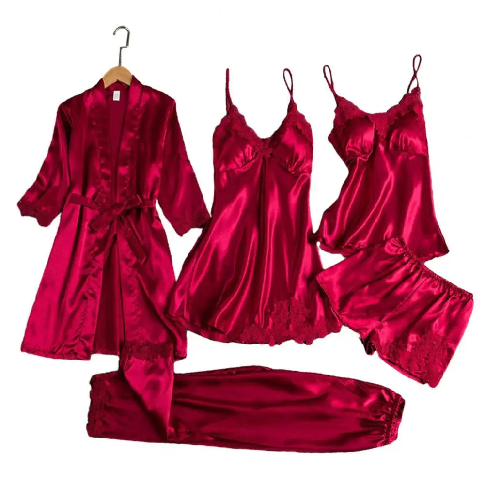 5 Pieces Pajamas Set Satin Home Pyjama Women Nightdress Lace Robe Sleep Suit Cami Vest Cardigan Trouser Sleepwear Gown Lingerie