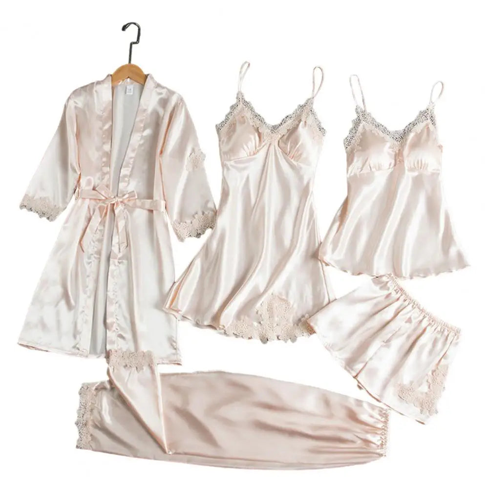 5 Pieces Pajamas Set Satin Home Pyjama Women Nightdress Lace Robe Sleep Suit Cami Vest Cardigan Trouser Sleepwear Gown Lingerie